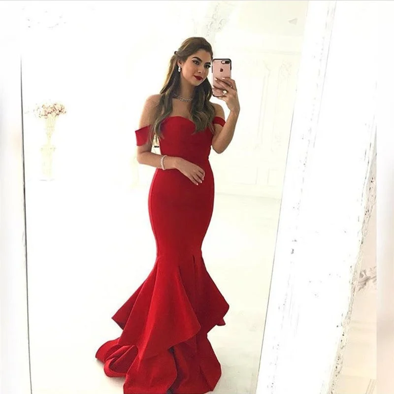 Sweetheart Off The Shoulder Long Satin Ruffles Mermaid Evening Dresses Tunics Brand named