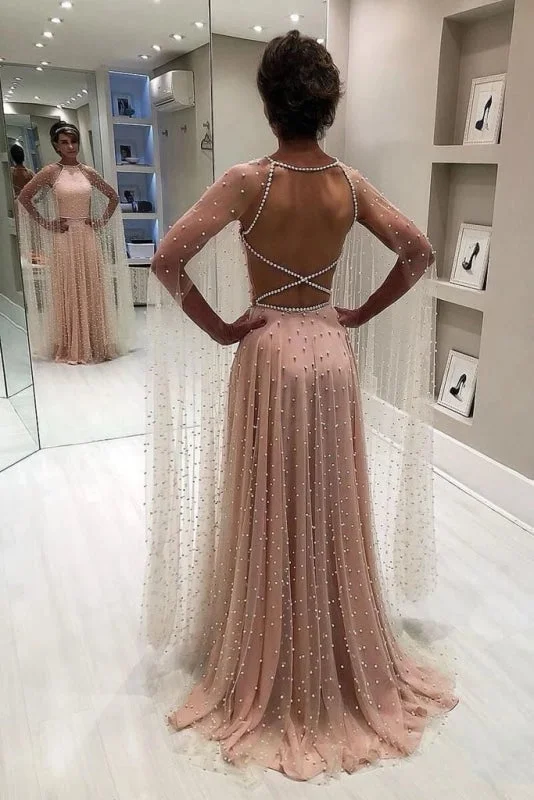 Unique A Line Backless Prom Dresses with Pearls Gorgeous Long Evening Dress Tunics stripes playful