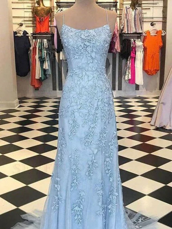 Unique Backless Mermaid Blue Spaghetti Straps Lace Prom Dress with Appliques, Mermaid Blue Lace Formal Evening Dress Glittery Long Formal