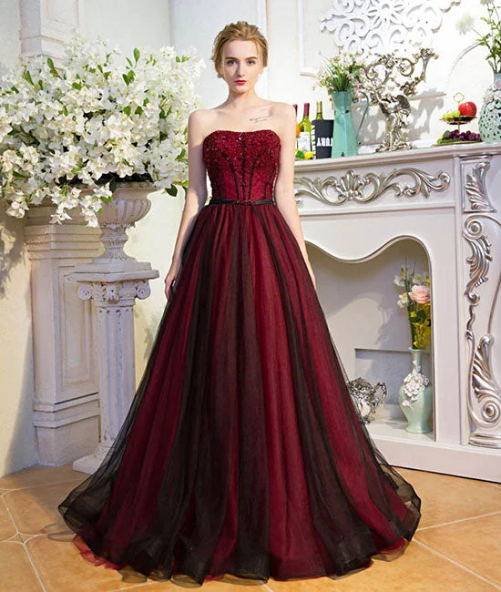 Unique burgundy tulle long prom dress, burgundy evening dress Tunics Practical durable