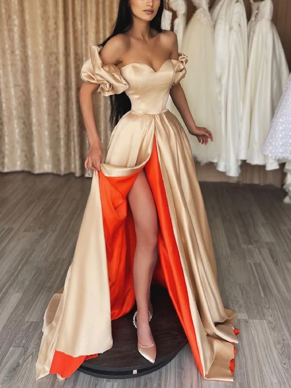 Unique champagne sweetheart satin long prom dress, champagne evening dress Turtleneck Warm Winter