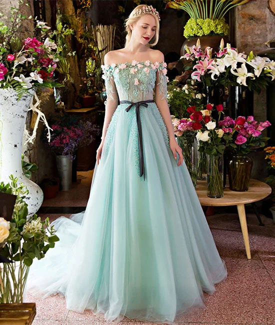 Unique green lace tulle long prom dress, green evening dress Off-the-shoulder Chic Trendy