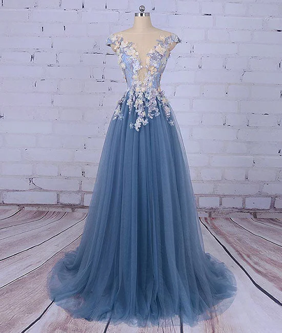 Unique round neck applique tulle long prom dress, tulle evening dress Pleated Skirt Elegant