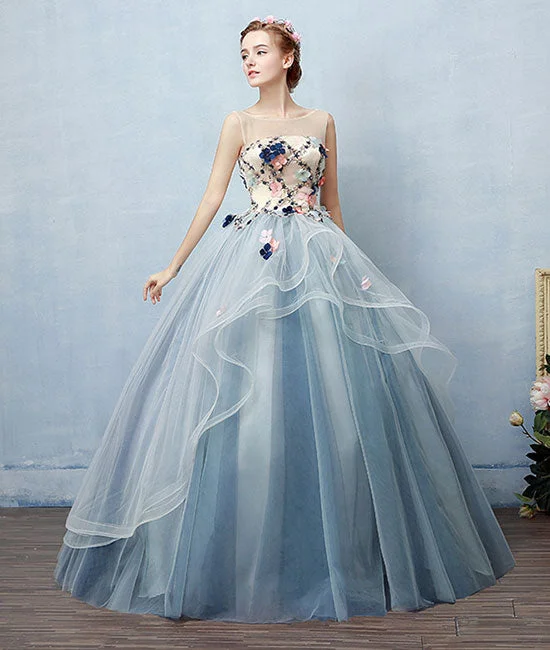 Unique round neck tulle applique long prom dress, blue evening dress Tunics Practical easy-care