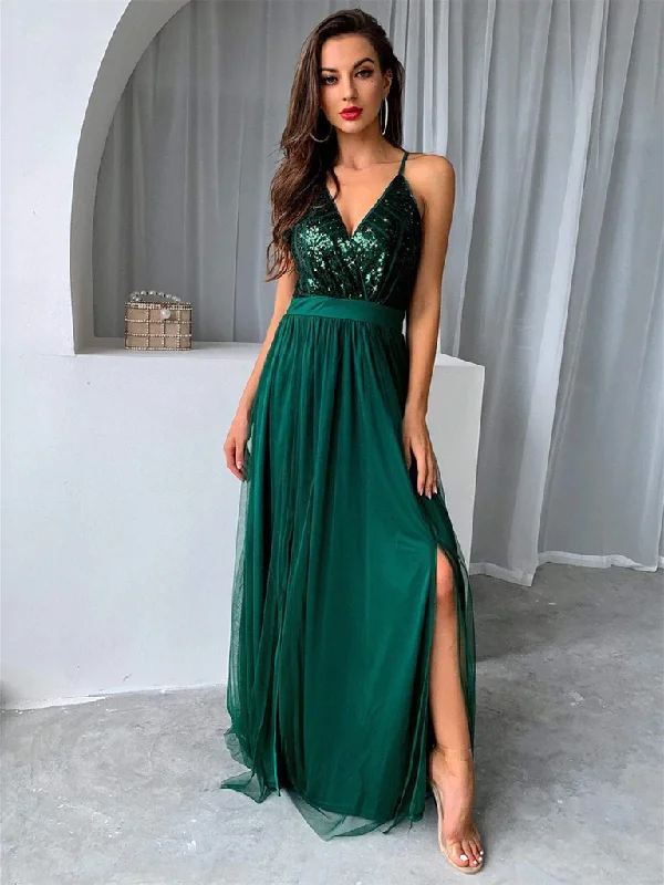 V Neck Backless Green Long Prom Dresses with Sequins Top, Backless Green Sequins Top Formal Graduation Evening Dresses Tunics Plaid country