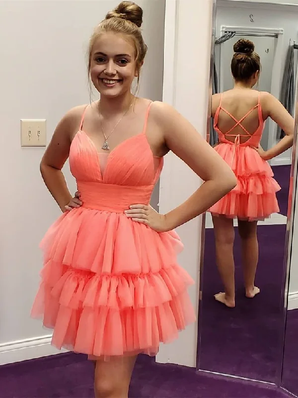 V Neck Open Back Layered Coral Short Prom Dresses, V Neck Coral Homecoming Dresses, Short Coral Formal Evening Dresses Tunics Bridal satin