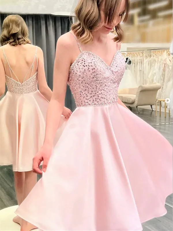 V Neck Pink Beads Short Prom Dress Homecoming Dresses, Short Pink Satin Backless Formal Evening Dresses Tunics Denim casual