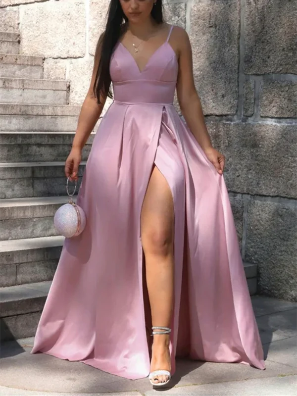 V Neck Pink Satin Long Prom Dresses, V Neck Pink Satin Long Formal Evening Dresses Off-the-shoulder Chic Trendy