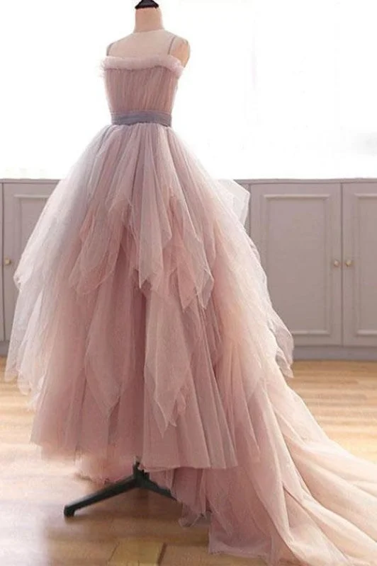 Vintage A Line Spaghetti Straps Blush Prom Puffy Ruffles Party Dresses Halter Neckline Beach