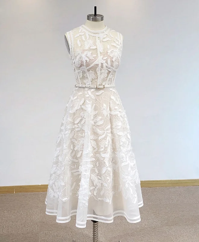 White High Neck Tulle Lace Prom Dress, Lace Formal Party Dress Tunics Fashionable trendy