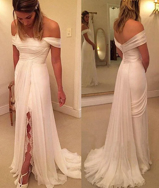 White off shoulder long prom dress, white evening dress Cowl Neckline Elegant