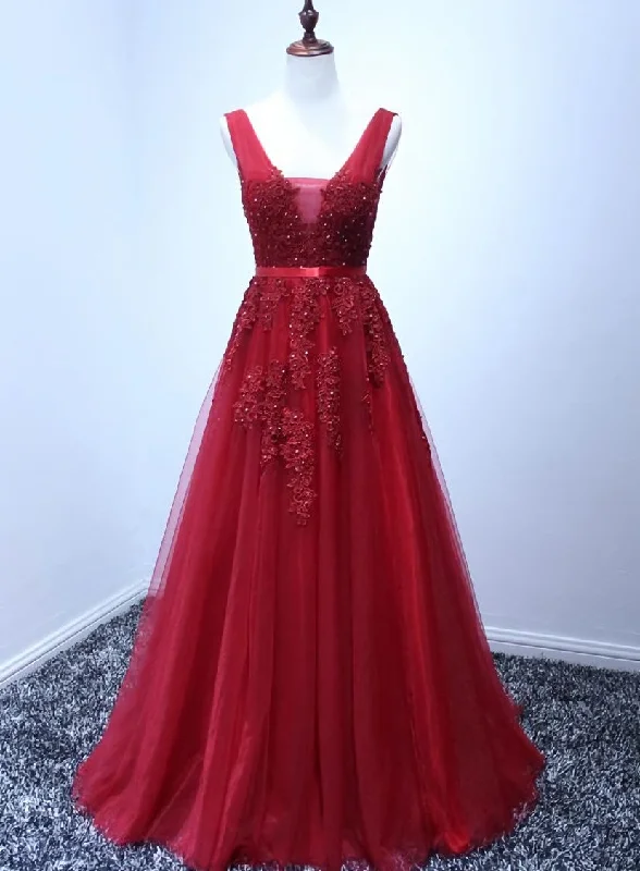 Wine Red V-neckline Tulle Long Prom Dress, Dark Red Floor Length Party Dress, Bridesmaid Dress Tunics Seasonal trendy