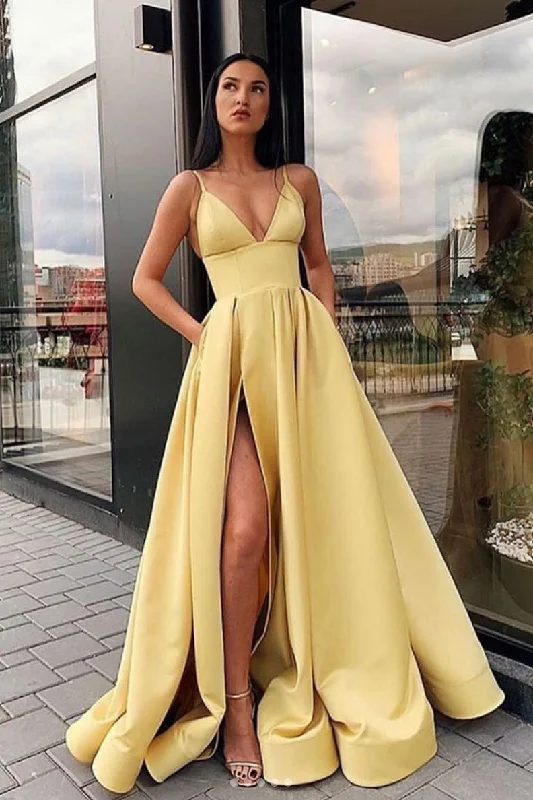 Yellow v neck satin long prom dress, yellow evening dress Tunics Wedding white