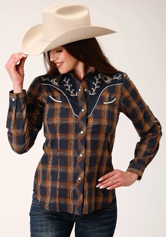 WOMENS LONG SLEEVE SNAP NAVY AND BROWN PLAID WESTERN SHIRT Thin T-Shirt Open Front Quick Dry WOMENS LONG SLEEVE SNAP NAVY AND BROWN PLAID WESTERN SHIRT Thin T-Shirt Open Front Quick Dry