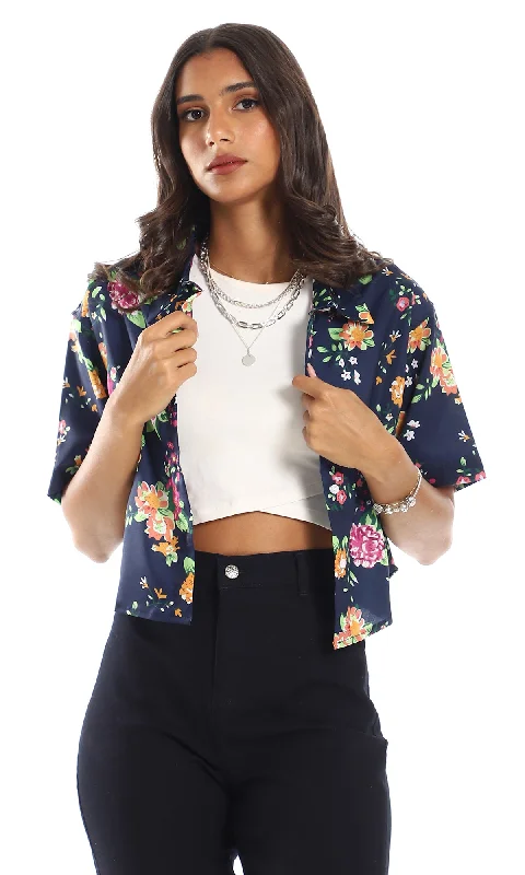 98881 Navy Blue, Fuchsia & Green Floral Cropped Shirt Zippered Front Buttoned Front Snap Front
