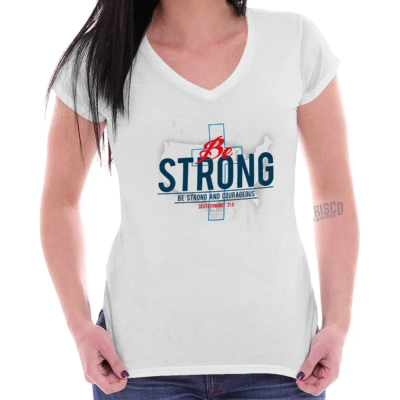 Be Strong America Junior Fit V-Neck T-Shirt Mesh Canvas Denim