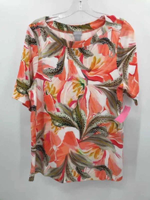 Pre-Owned Chico's Orange Size Large Printed T-shirt Spandex Blend Rayon Blend Denim Blend Pre-Owned Chico's Orange Size Large Printed T-shirt Spandex Blend Rayon Blend Denim Blend