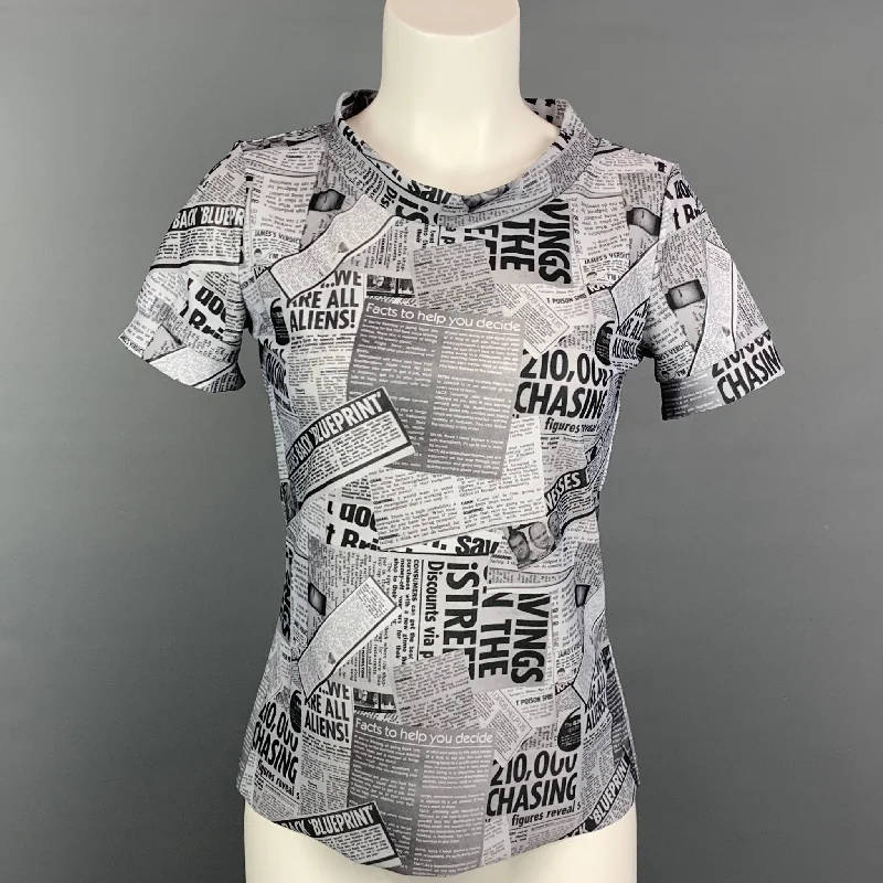 NACO PARIS Size S Grey & Black Print Jersey T-Shirt Chenille Brocade Lace