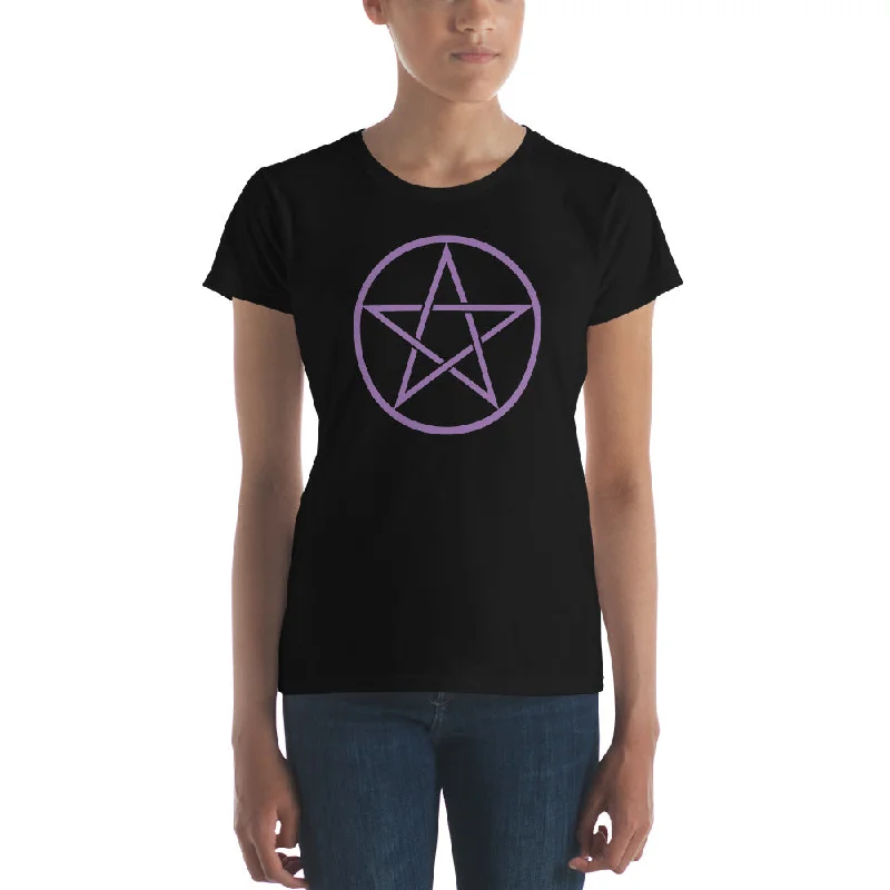 Purple Goth Wiccan Woven Pentagram Women's Short Sleeve Babydoll T-shirt Rayon Velvet Corduroy Purple Goth Wiccan Woven Pentagram Women's Short Sleeve Babydoll T-shirt Rayon Velvet Corduroy