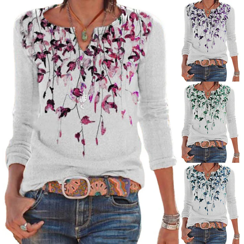 Casual Loose Top V-Neck Positioning Printing Long-Sleeved T-Shirt Elegant Classic Vintage