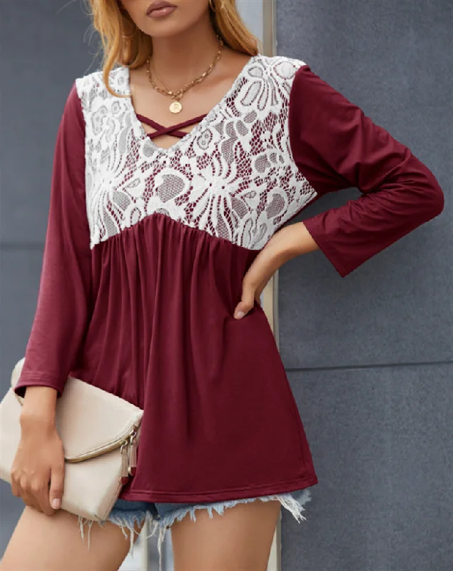 Casual V-Neck Lace Stitching Cross-Strap Three-Quarter Sleeve T-Shirt V-Neck T-Shirt Long Sleeve Cotton