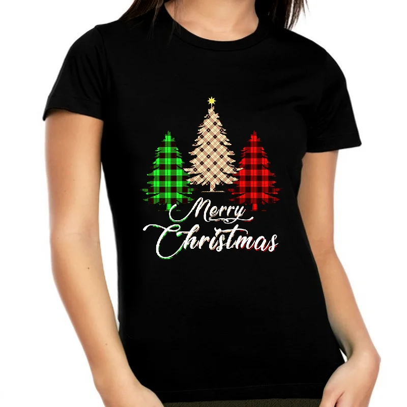 Funny Plus Size Christmas Shirts for Women Plus Size Christmas PJs Cute Plaid Christmas Tee Shirt Notch Collar Peter Pan Collar Cowl Neck