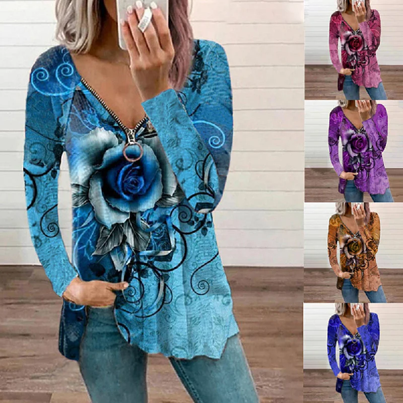 Fashion Print V-Neck Long Sleeve Zip Casual Loose T-Shirt Mesh Blend Leather Blend Suede Blend