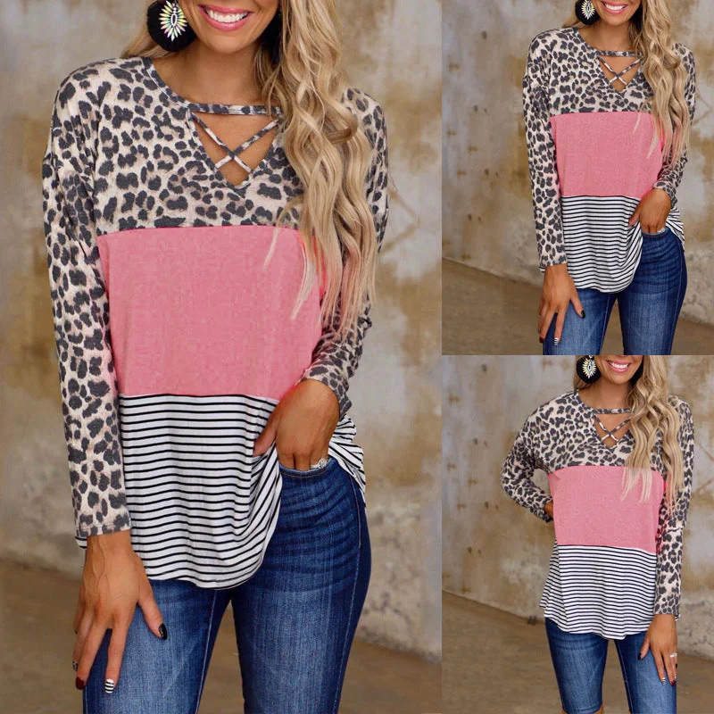 Leopard Print Stitching Long-Sleeved V-Neck Casual T-Shirt Collared Crew Neck Turtle Neck