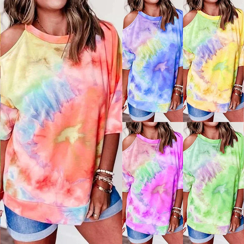 Off-The-Shoulder Short-Sleeved Tie-Dye Printed T-Shirt Top Ribbed T-Shirt High Neck Heavyweight