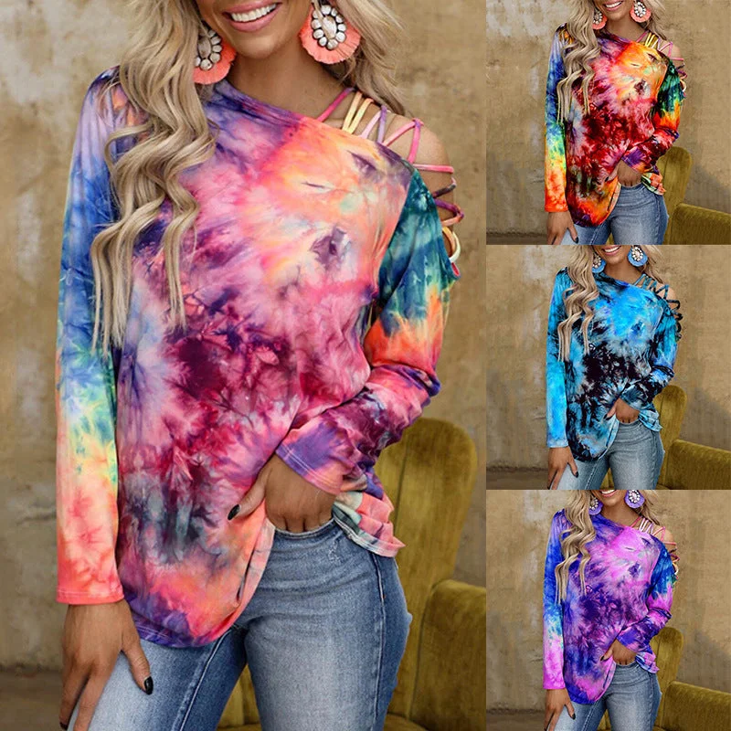 Printed Long-Sleeved Off-Shoulder Casual Loose T-Shirt Nylon Fabric Polyester Fabric Spandex Fabric