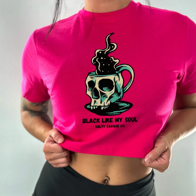 Salty Savage Ladies "BLACK LIKE MY SOUL" Performance Crop Tee Basic T-Shirt Crew Neck Short Sleeve