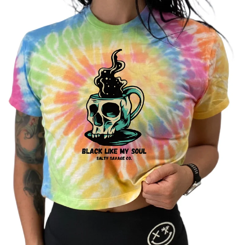 Salty Savage Ladies “BLACK LIKE MY SOUL" Spiral Tie Dye Crop Tee Ribbed T-Shirt High Neck Heavyweight