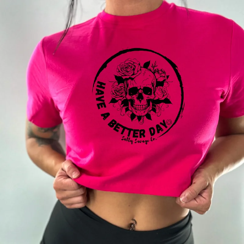 Salty Savage Ladies "HAVE A BETTER DAY" Performance Crop Tee Print Jacquard Patchwork