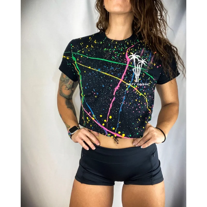 Salty Savage Ladies "Rock On" Paint Splatter Crop Tee | Basic Fleece Fabric Down Fabric Feather Fabric