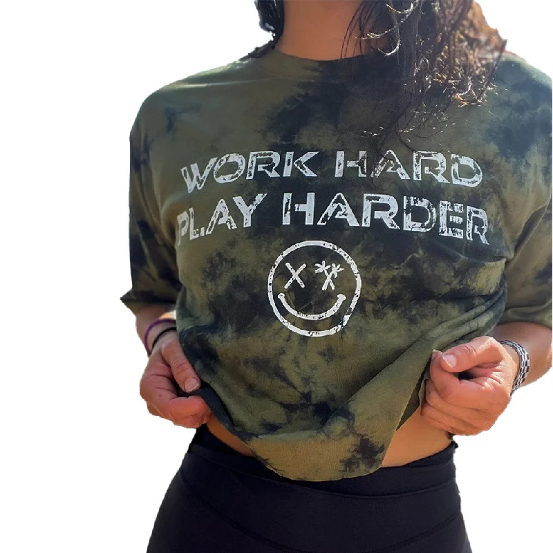 Salty Savage Ladies “WORK HARD, PLAY HARDER” Oversized Tie Dye Crop Tee Handmade Hand-knitted Hand-woven