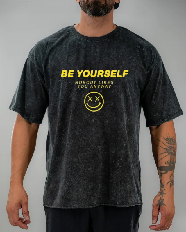 Salty Savage Unisex “Be Yourself” Oversized Tall Crew Tee | Yellow Front Pockets Side Pockets Patch Pockets