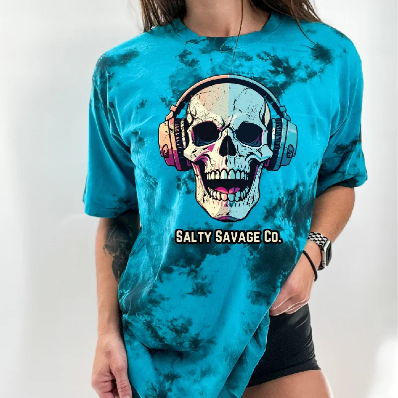 Salty Savage Unisex “Dead Beats” Oversized Tie Dye Crew Tee Denim Fabric Leather Fabric Suede Fabric