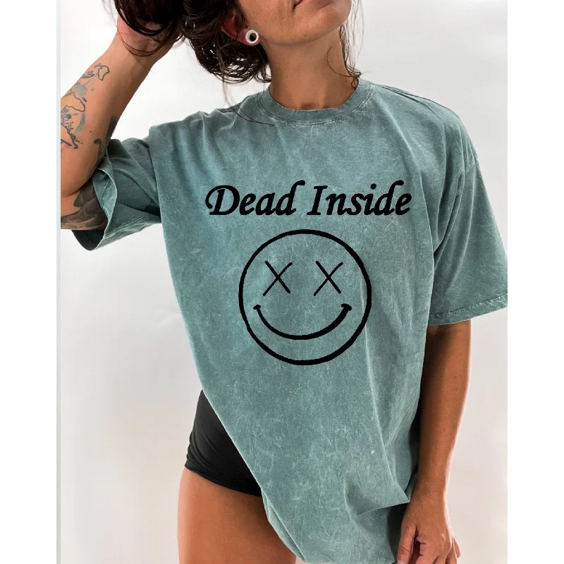 Unisex "Dead Inside" Oversized Tall Crew Tee | Mineral Washed Teal/Black Basic T-Shirt Crew Neck Short Sleeve