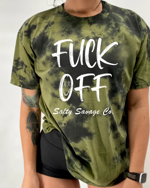 Salty Savage Unisex “Fuck Off” Oversized Tie Dye Crew Tee Satin Blend Silk Blend Wool Blend