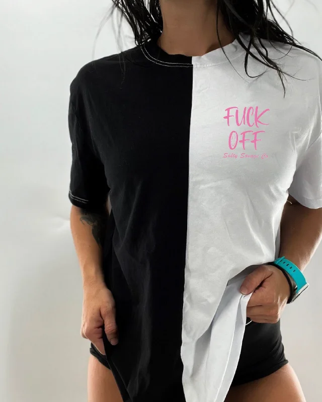 Salty Savage Unisex “Fuck Off” Two Tone Oversized Crew Tee | Basic | Pink Cashmere Blend Cotton Blend Poly Blend