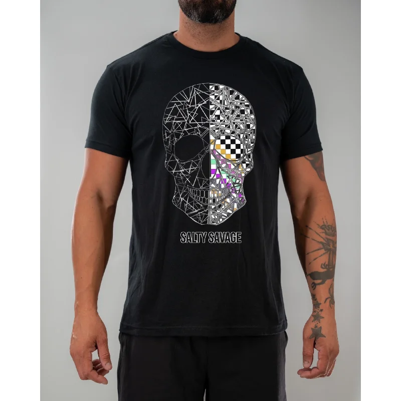 Salty Savage Unisex “Spliced Checkered Geo Skull” Tee | Multi-Colored Front Pockets Side Pockets Patch Pockets