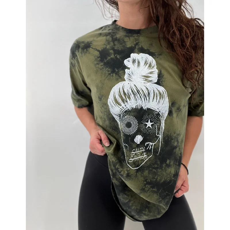 Salty Savage Unisex “Messy Bun Skull” Oversized Tie Dye Crew Tee Machine Wash Dry Clean Hand Wash