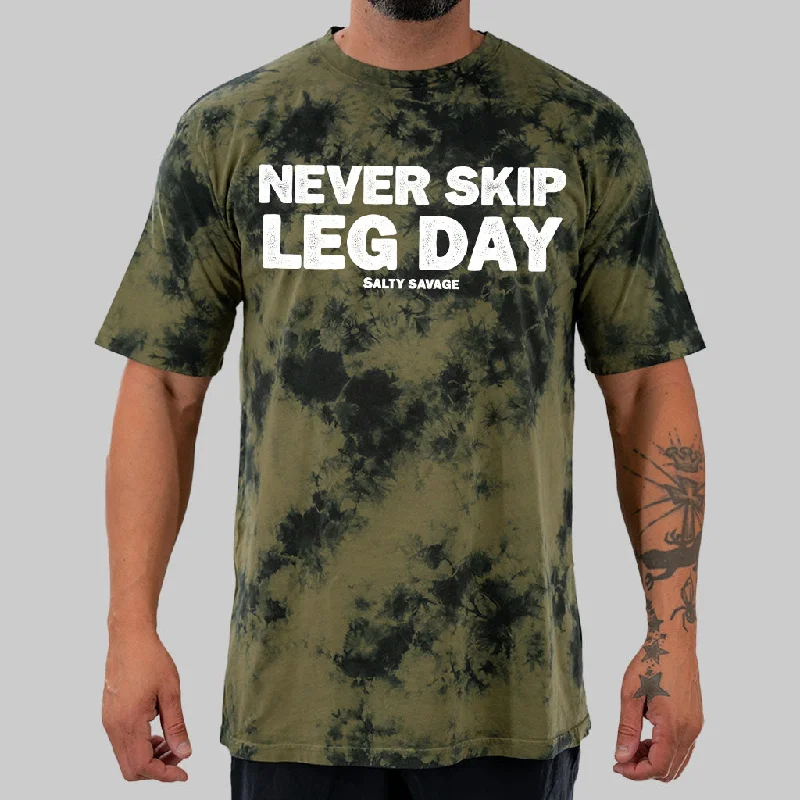 Salty Savage Unisex "Never Skip Leg Day" Oversized Tie Dye Crew Tee Rayon Velvet Corduroy