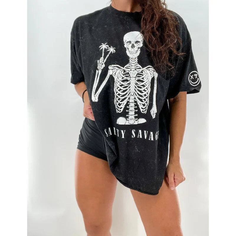 Salty Savage Unisex “Peace Skeleton” Oversized Tall Crew Tee Hooded Caped Shawl Collar