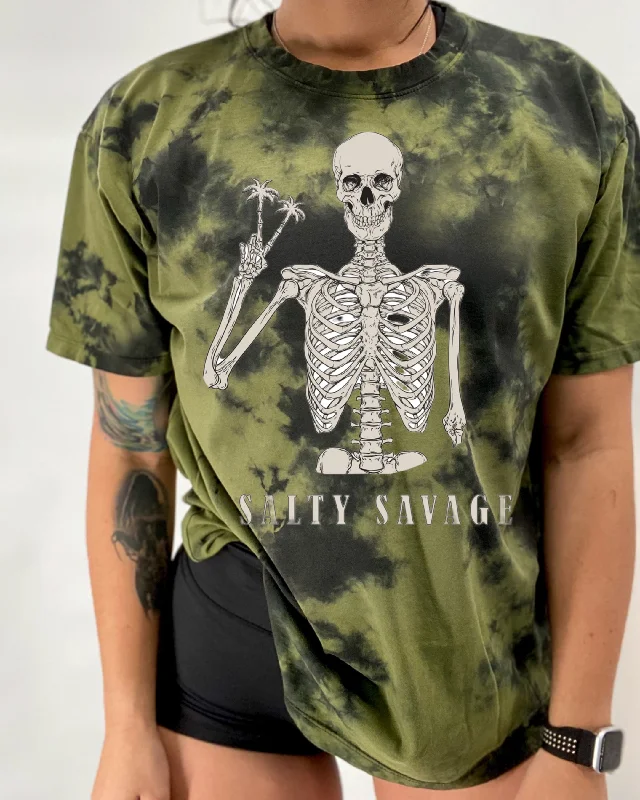 Salty Savage Unisex “Peace Skeleton” Oversized Tie Dye Crew Tee Houndstooth Herringbone Solid