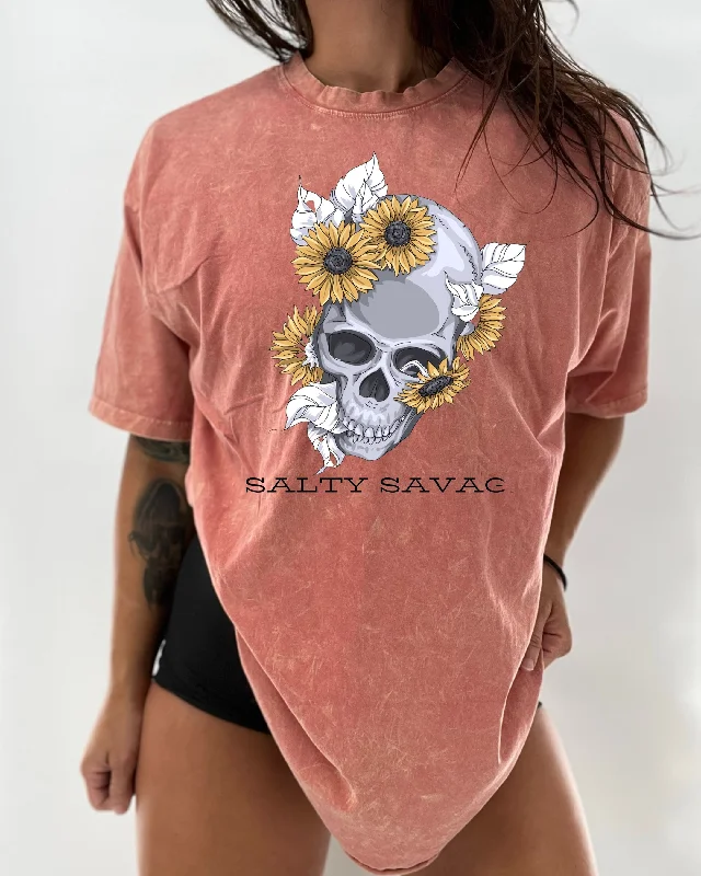 Salty Savage Unisex "SkullFlower" Oversized Tall Crew Tee Solid Color Striped Floral