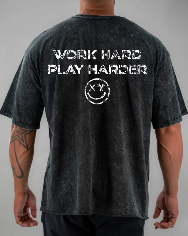 Salty Savage Unisex “WORK HARD PLAY HARDER” Oversized Tall Crew Tee | V2 Notch Collar Peter Pan Collar Cowl Neck