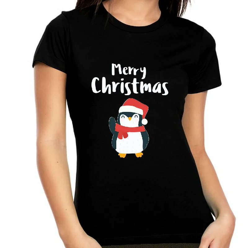 Santa Penguin Christmas Shirts for Women Funny Christmas T Shirts for Women Cute Womens Christmas Gift Cozy Warm Stylish