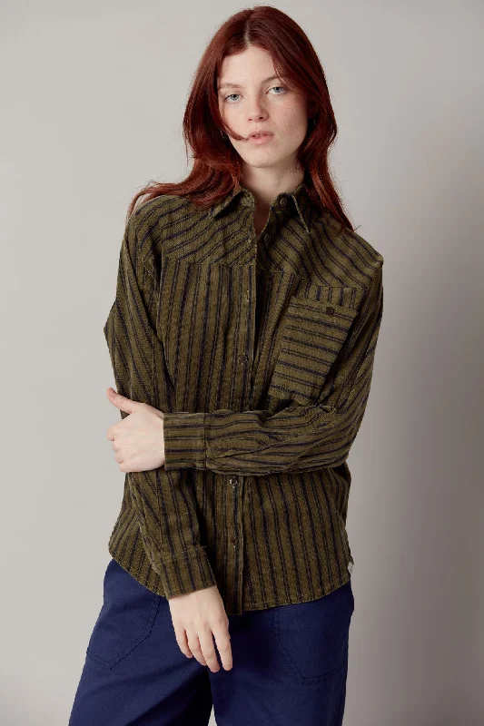 Stella Cotton Needle Cord Shirt Green Stripe Asymmetrical Pockets Print