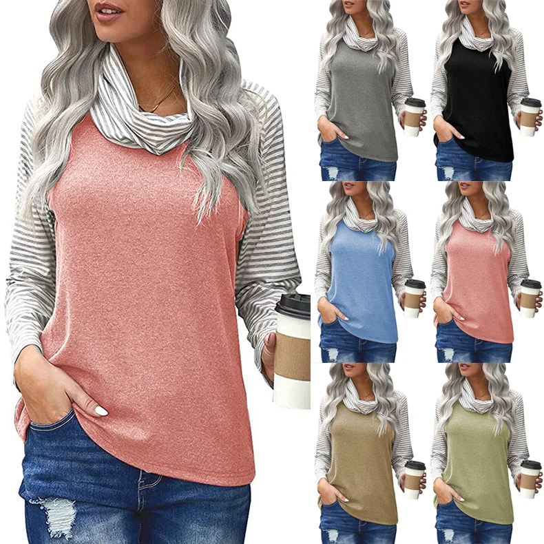 Top Fashion Striped High Collar Color Matching Women Long-Sleeved T-Shirt Boxy Fit Fitted Loose